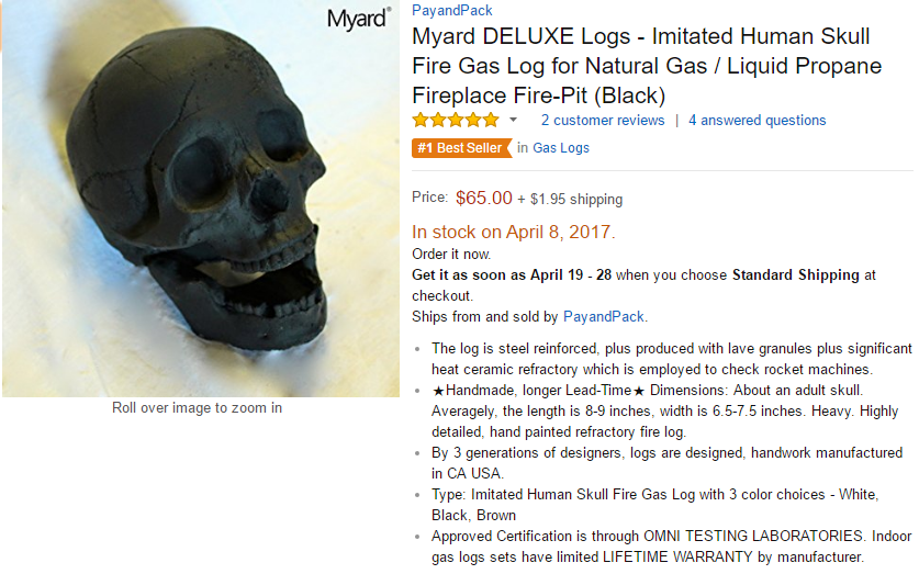 Amazon.com Myard DELUXE Logs - Imitated Human Skull Fire Gas Log for Natural Gas Liquid Propane Fireplace. Fire-Pit Black Home amp; Kitchen.png