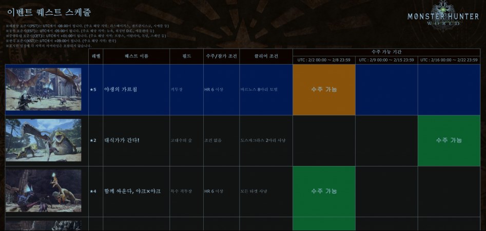 공식 홈페이지에 이벤트 퀘스트 스케쥴이 있내요 한국어 지원 몬스터 헌터 월드 루리웹 루리웹
