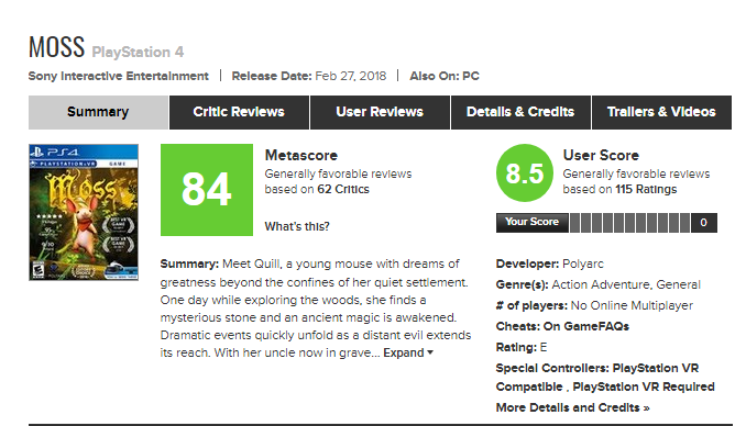 Moss for PlayStation 4 Reviews Metacritic.png