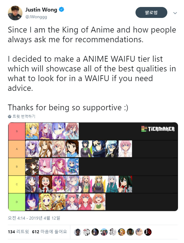 어떤 프로게이머가 올린 애니 여캐 티어표_1.png