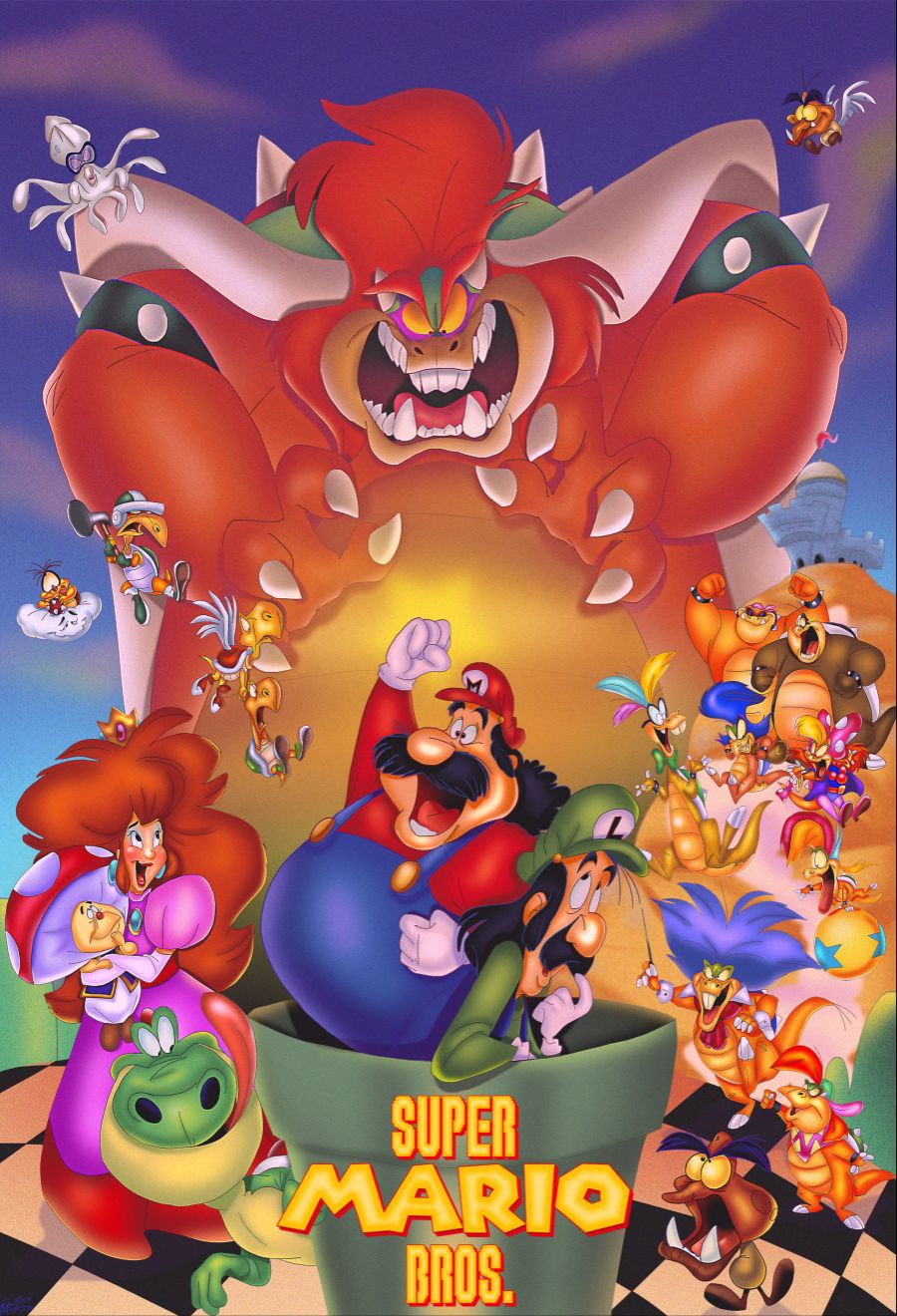 90년대초 미국 만화영화풍으로 그린 마리오