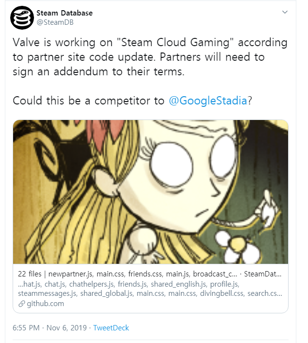 Steam Database on Twitter Valve is working on Steam Cloud Gaming according to partner site code update. Partners will need to sign an addendum to their terms Could this be a competitor to GoogleStadia https .png