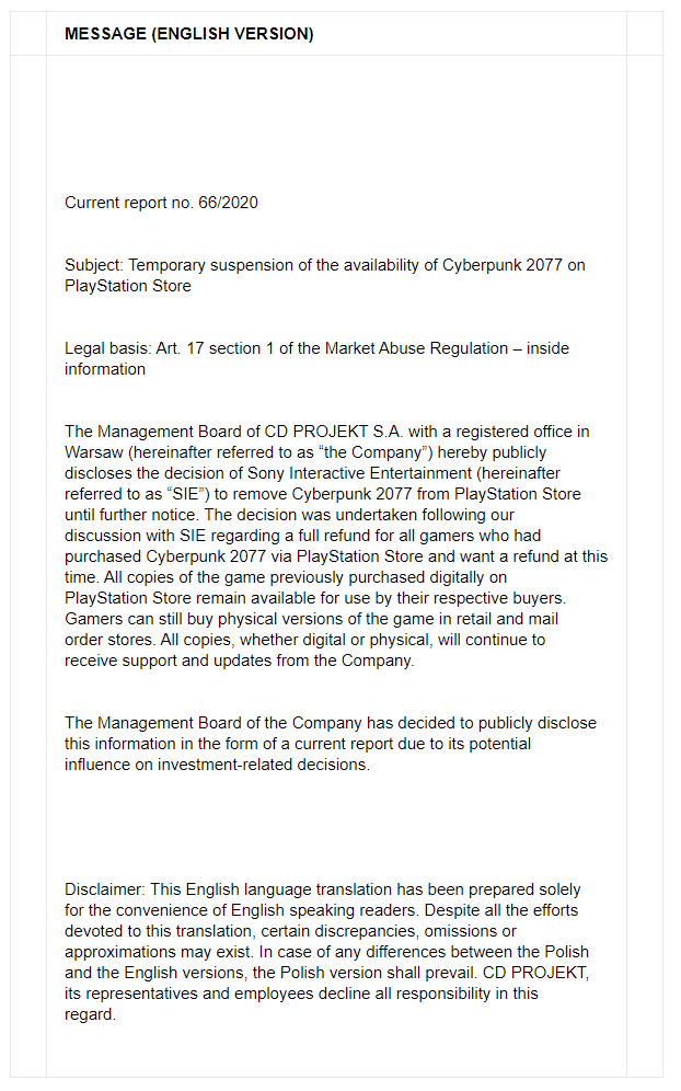 CDPR, 투자자에게 보내는 PS4 사펑 2077 환불 관련 조치에 대한 보고서_2.png