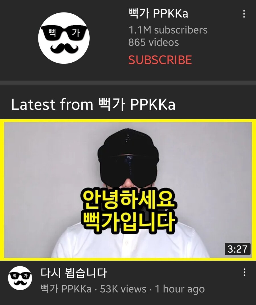인방 6개월만에 복귀 한 유튜버 뻑가
