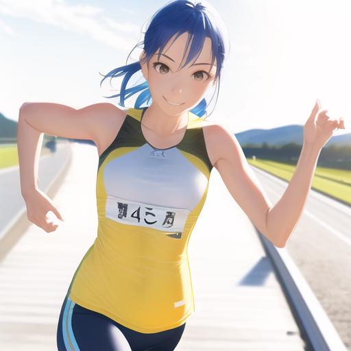 a running girl, realistic, masterpiece, sunshine, a fine view, a precise background, smile, blue hair s-570406507.png