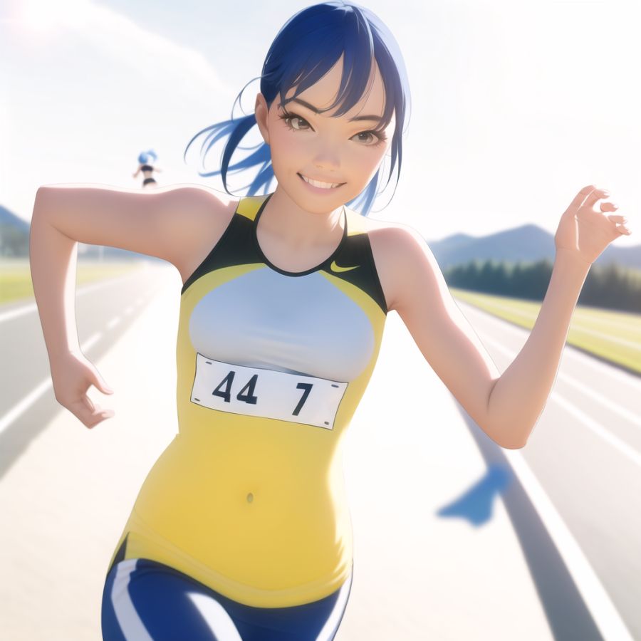 a running girl, realistic, masterpiece, sunshine, a fine view, a precise background, smile, blue hair s-1236660869(5강).png