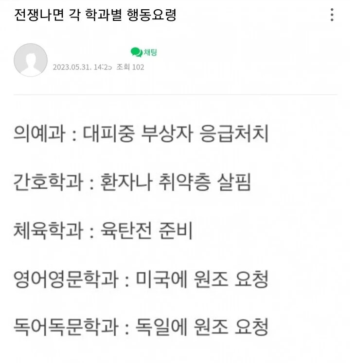 전쟁 발생시 학과에 따른 행동강령