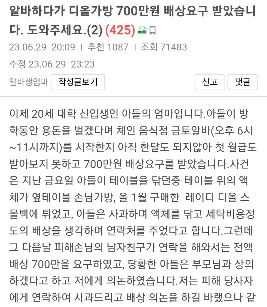 알바하다가 디올 가방 700만원 배상 요구 받았습니다_1.jpg