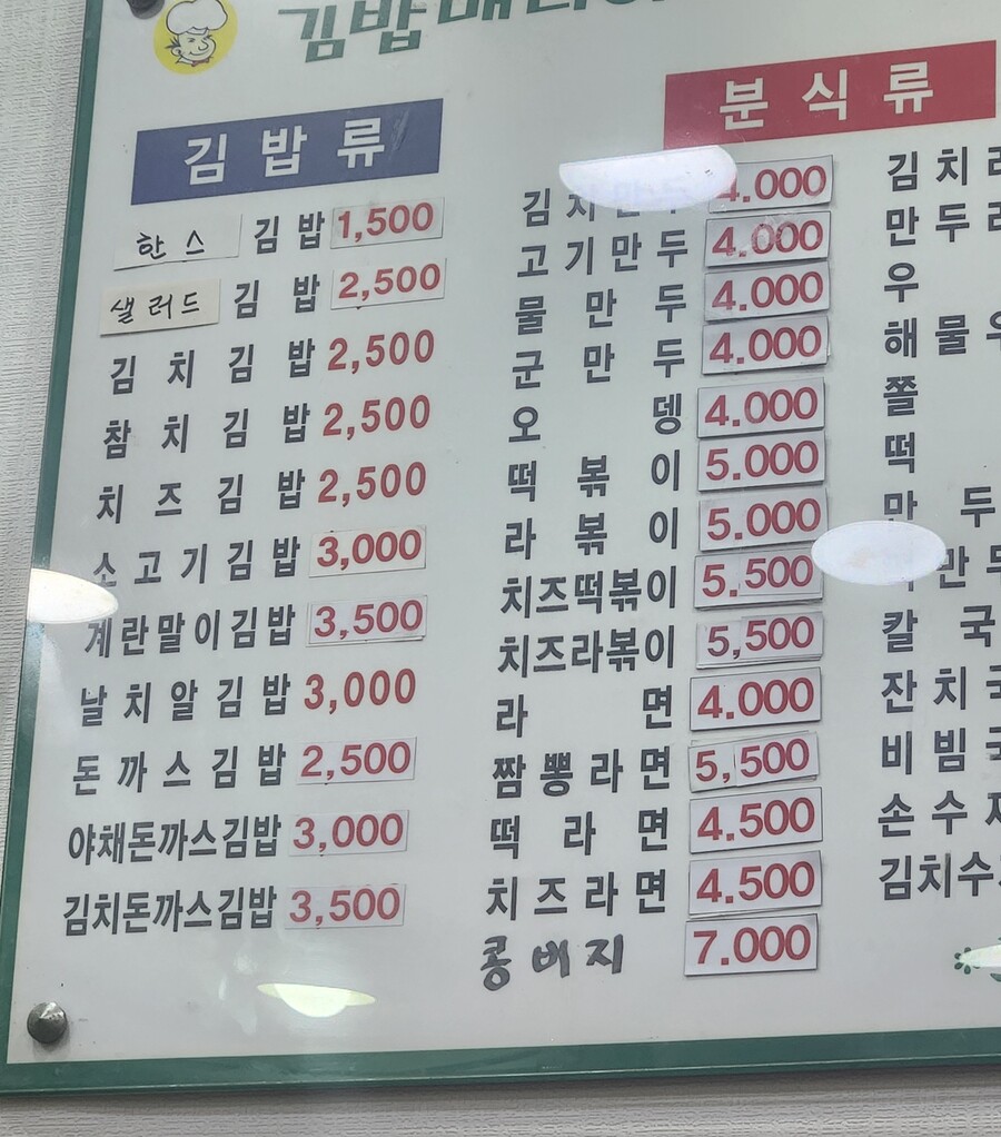 우리집 근처 분식집 김밥 가격