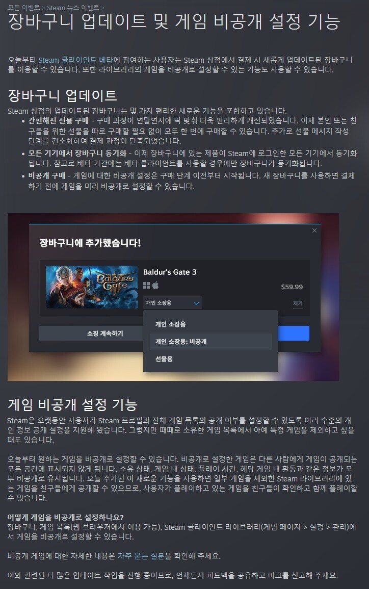 [스팀]장바구니 업데이트 및 게임 비공개 설정 기능_2.jpg