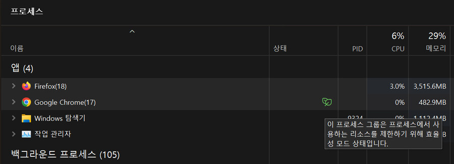 윈도우 11 의 효율성 모드라는 게 은근히 짜증나네_1.jpg