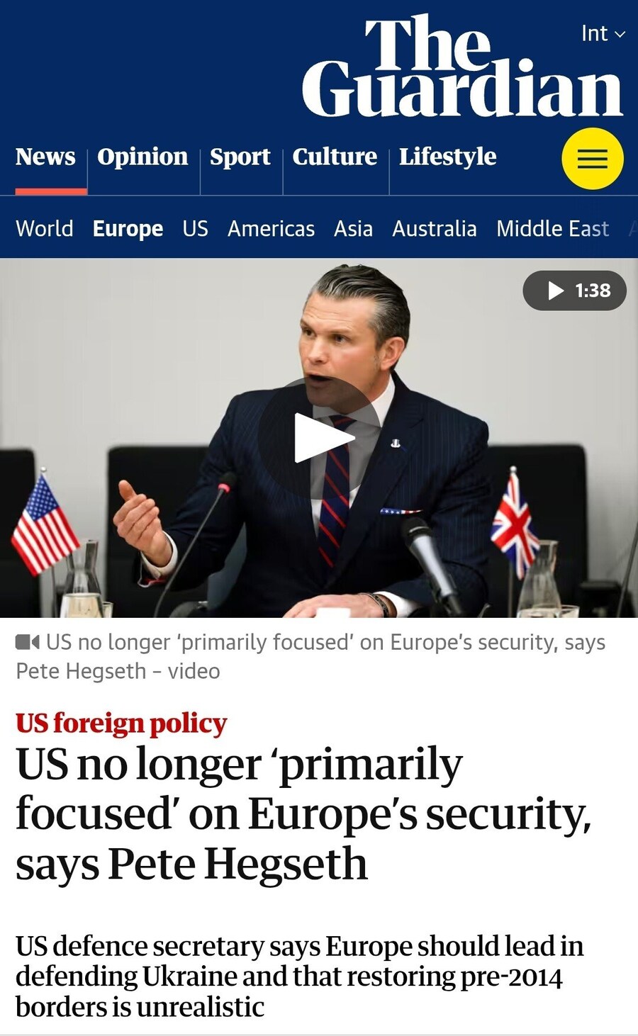 미국 국방장관 " 미국 국익에 유럽보다 아시아가 우선 "_1.jpg