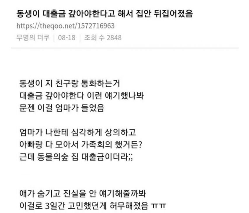 동생이 대출금 갚아야 한다고 해서 집안이 뒤집은 썰_1.jpg