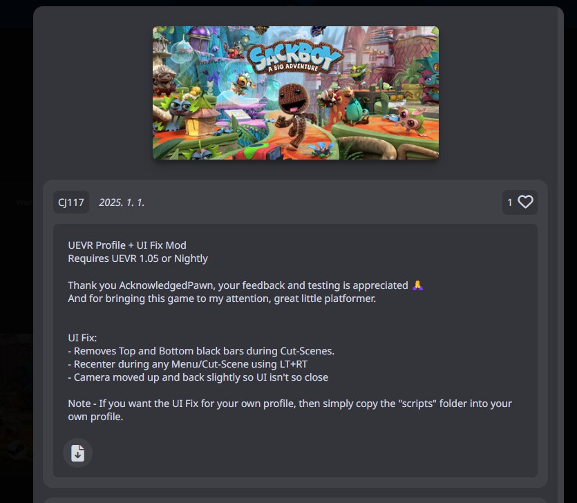 [UEVR] Sackboy VR로 플레이 - 메타퀘스트3 - 호환 A급_16.png