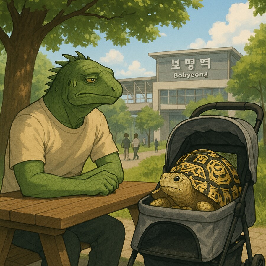 AI로 뽑아본 이구아나 수인과 애완 거북이 일상물_1.png