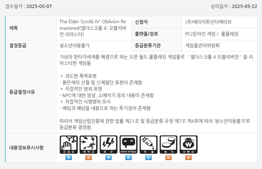 엘더스크롤 4: 오블리비언 리마스터 국내 심의 통과 확인_1.png