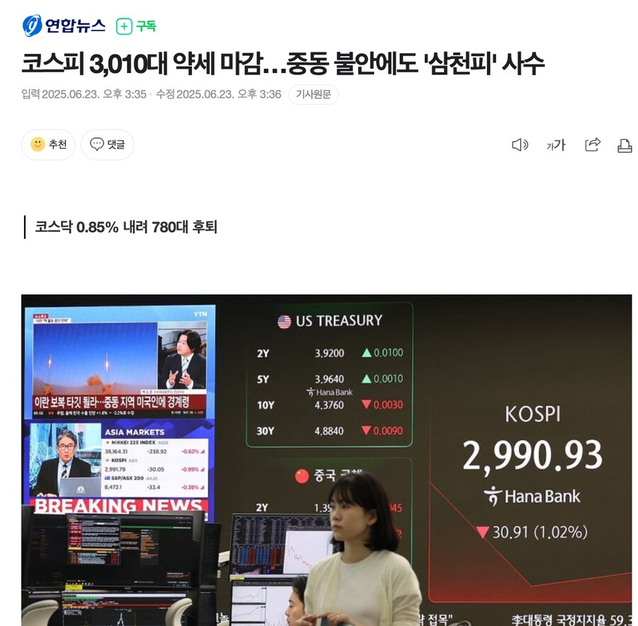 코스피 3,010대 약세 마감…중동 불안에도 '삼천피' 사수_1.png