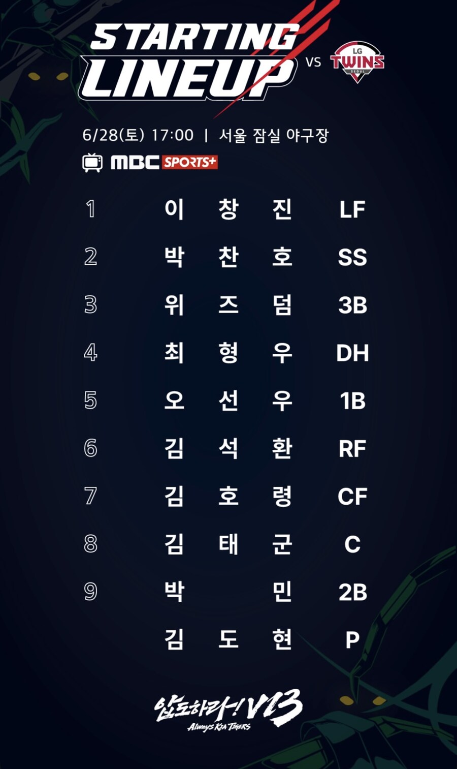 6월 28일 토 기아 vs LG 기아 라인업_1.jpg