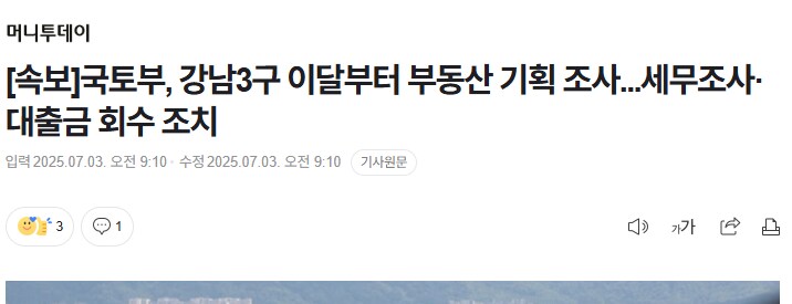 속보) 국토부, 강남3구 부동산 기획 조사...세무조사·대출금 회수 조치_1.png