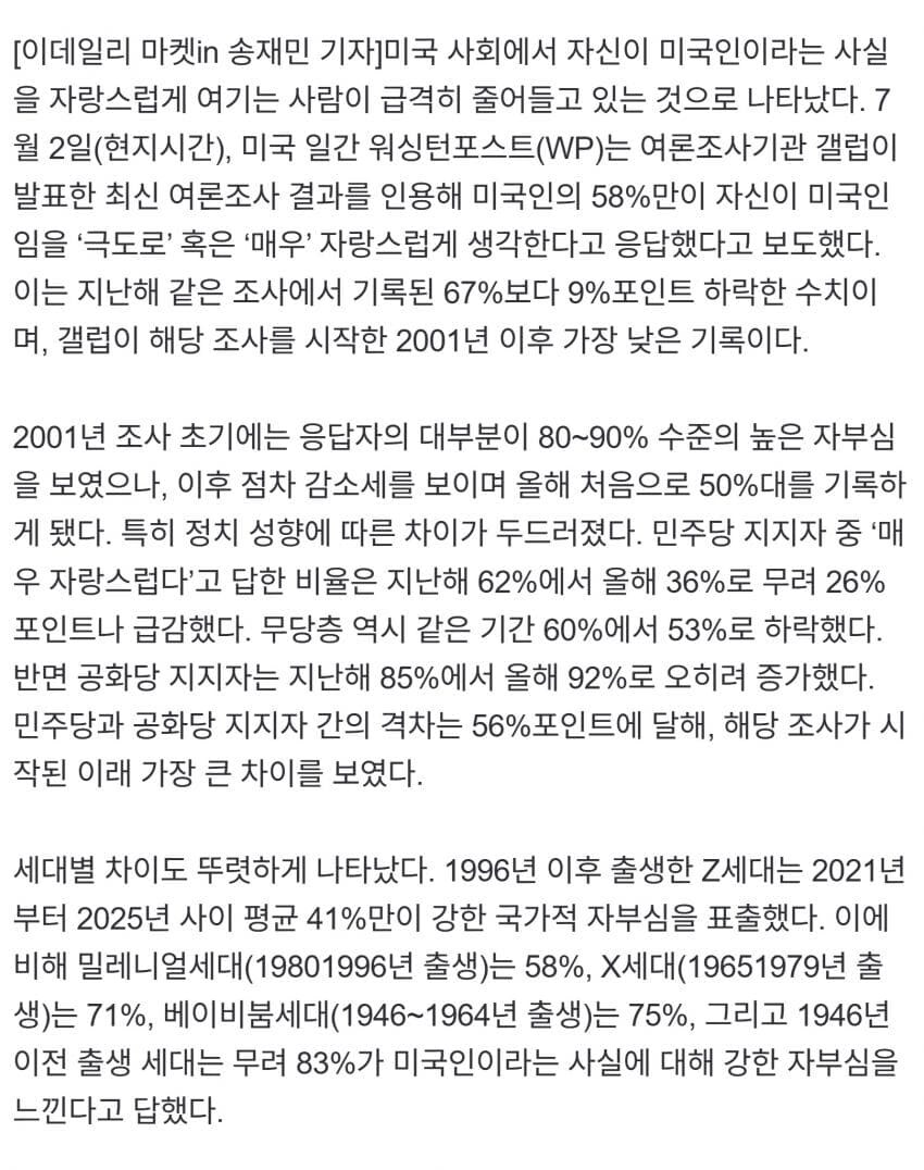 “미국인이라 자랑스럽지 않다”… 역대 최저치 기록한 미국인의 ‘국가 자부_2.jpg