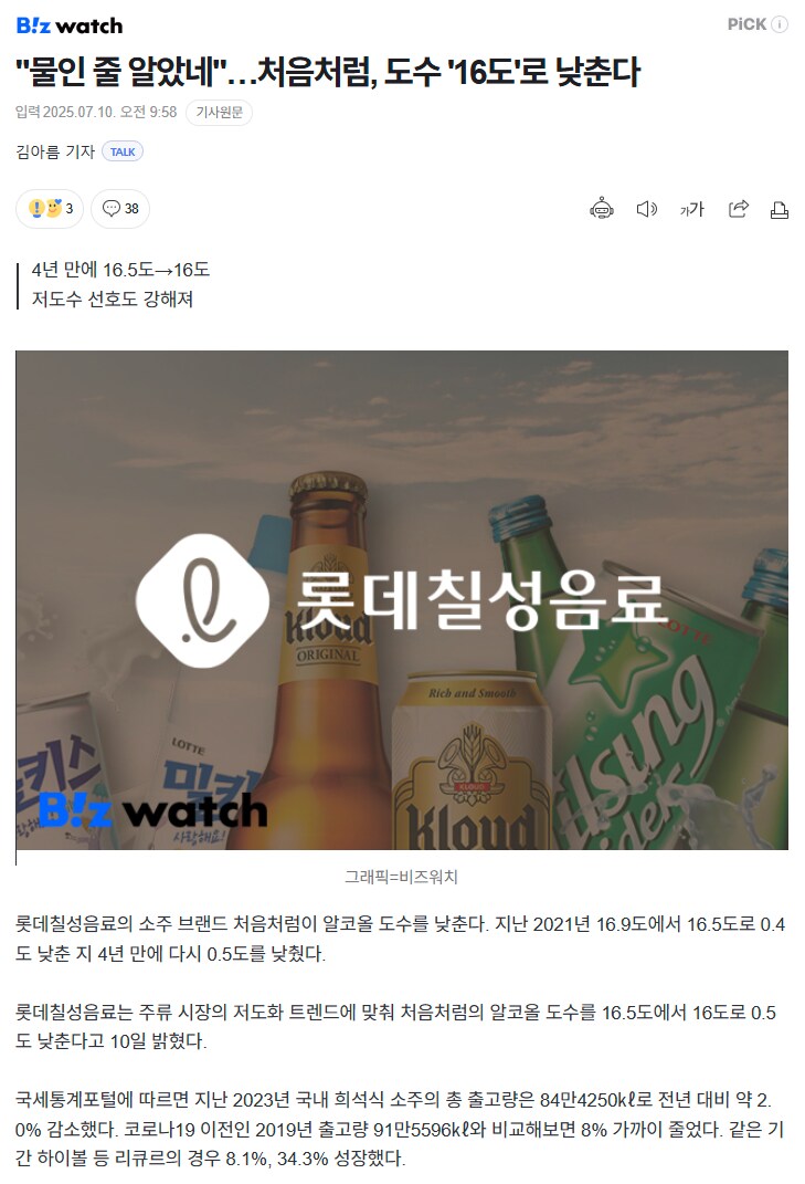 소주) "물인 줄 알았네"…처음처럼, 도수 '16도'로 낮춘다_1.png