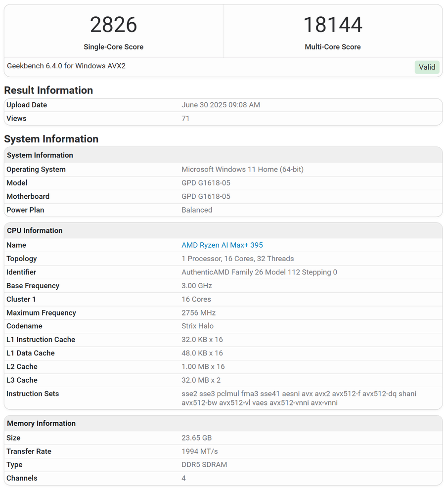GPD umpc에 Ryzen AI MAX+ 395 탑재한 긱벤치 점수가 등장_2.webp