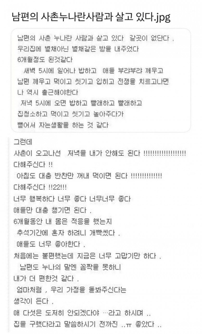 남편 사촌누나가 갈 곳 없다고 들어와 살고 있다_1.jpg
