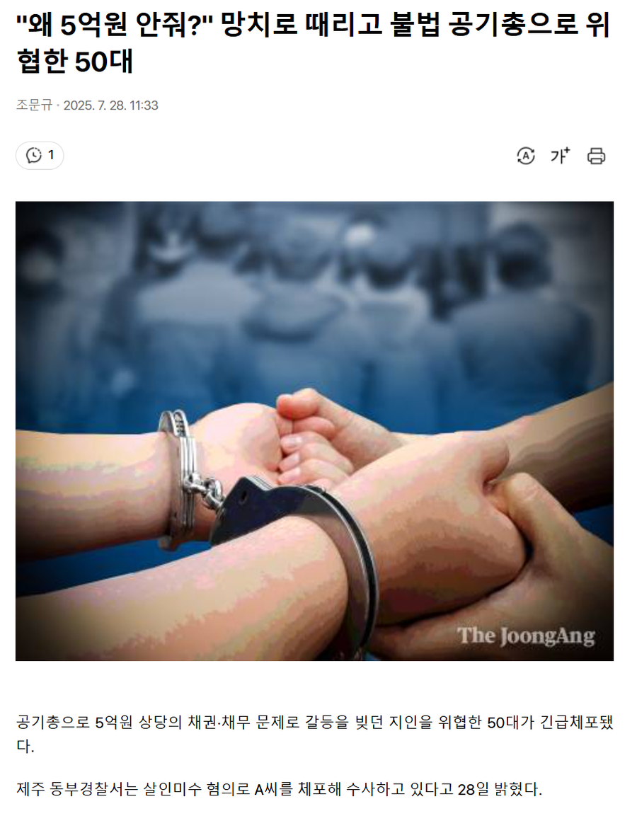 왜 5억원 안줘?" 망치로 때리고 불법 공기총으로 위협한 50대