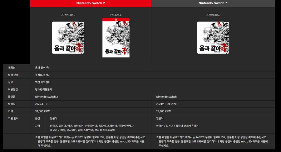 NS2 용과 같이 극 1 한국어판 패키지 발매, 기존 DL구매자 할인, 용량 공개_2.png