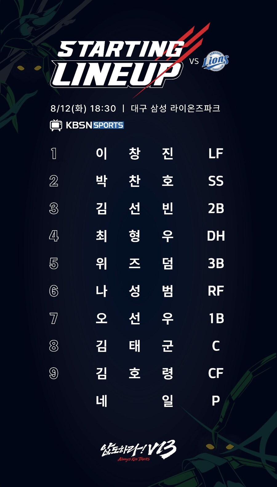 8월 12일 화 / 기아 vs 삼성 / 기아 라인업_1.jpg