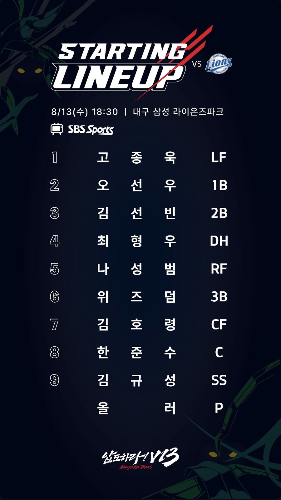 8월 13일 수 / 기아 vs 삼성 / 기아 라인업_1.jpg