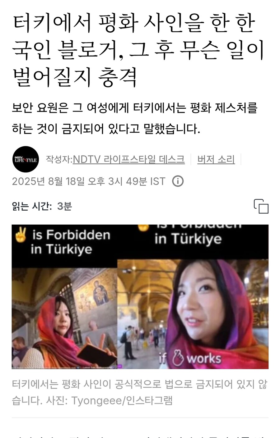 튀르키예에서 '브이'했다가 제지당한 한국 스트리머_1.jpg