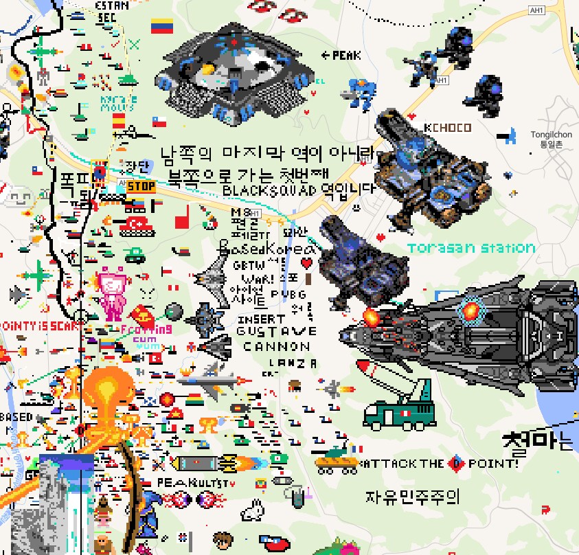 Wplace) 남한/북한 군사분계선에서 전쟁놀이하는 전세계 유저들_5.png