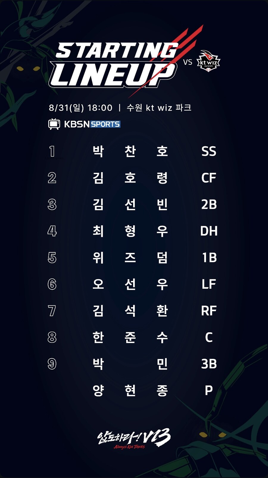 8월 31일 일 / 기아 vs KT / 기아 라인업_1.jpg