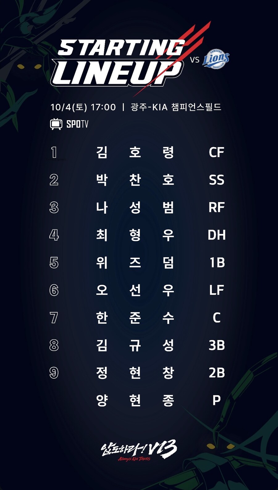 10월 4일 토 / 기아 vs 삼성 / 기아 라인업_1.jpg