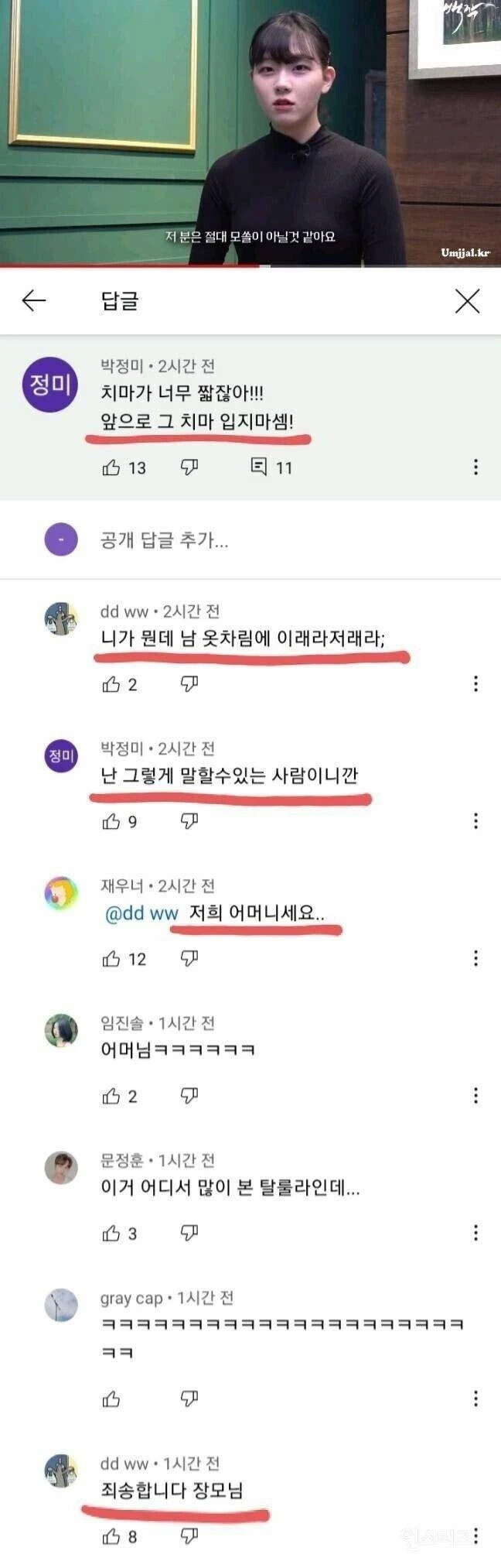 유튜버 영상에 치마가 너무 짧다고 훈수두는 댓글.jpg_1.webp