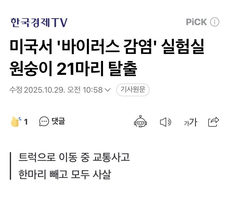 미국서 '바이러스 감염' 실험실 원숭이 21마리 탈출_1.jpg