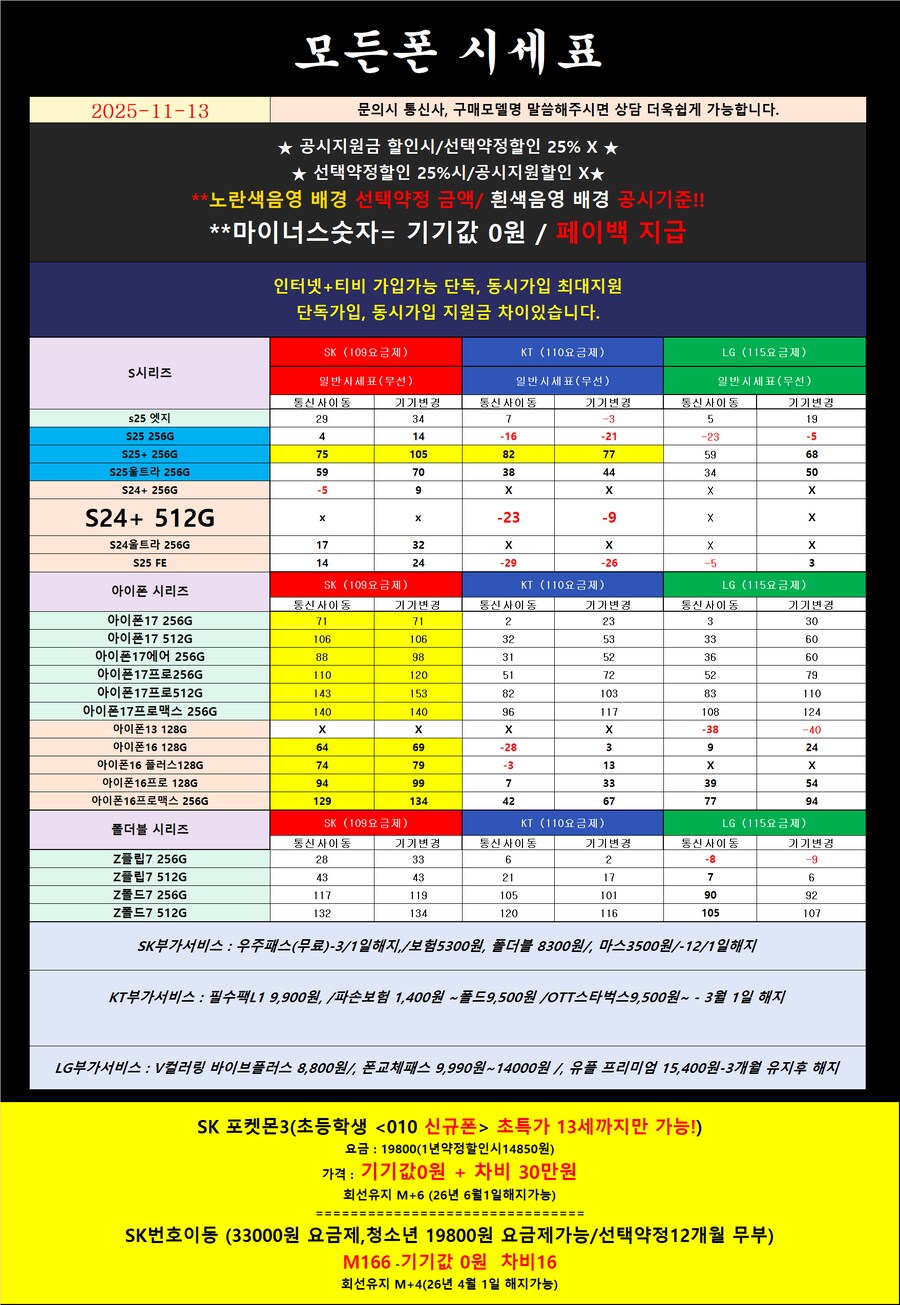 [서울]진짜 휴대폰성지 11월 12일 시세표 차비당일지급 제휴카드x워치x_1.png
