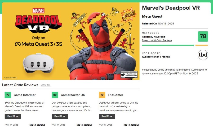메타 독점작 "데드풀 VR" 메타크리틱 78점, 오픈크리틱 77점_1.jpg