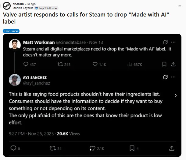 스팀 AI 사용 의무표기 없애라는 개발자를 본 밸브 측 개발자의 반박_1.png