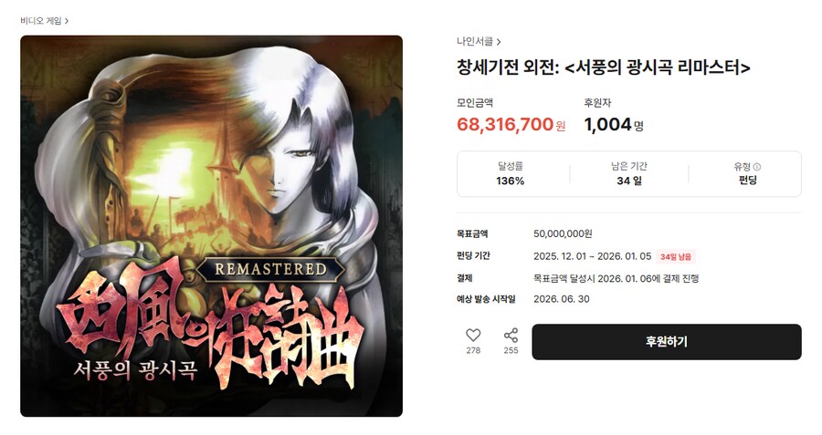 '창세기전: 서풍의 광시곡 리마스터' 펀딩 오픈 하루 만에 목표 136% 달성_1.png