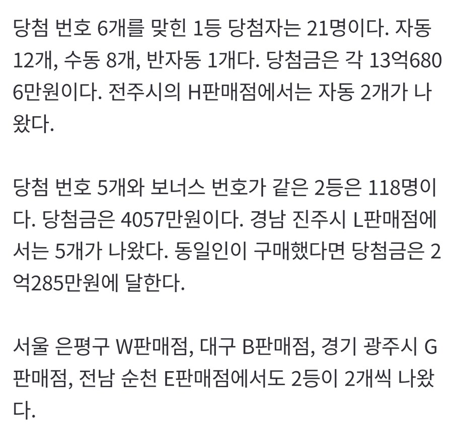 [속보] 로또 1등 1곳서 2장 ‘그것도 모두 자동’, 2등 5장도 1곳서_1.jpg