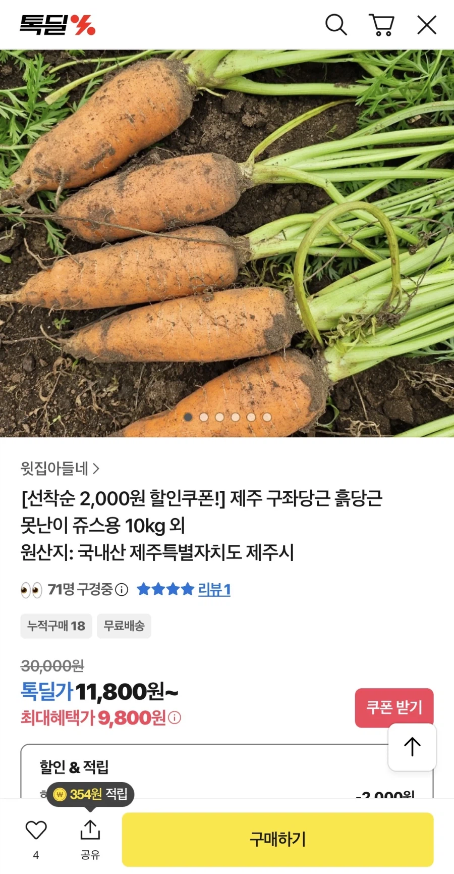 [톡딜] 제주 구좌당근 흙당근 10kg (9,800원/무료)_1.webp