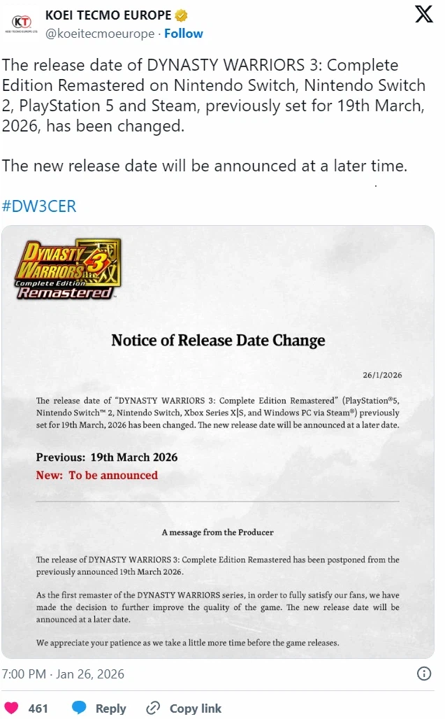 다이너스티 워리어즈3(진삼2) 컴플리트 에디션 리마스터 발매 연기_1.webp