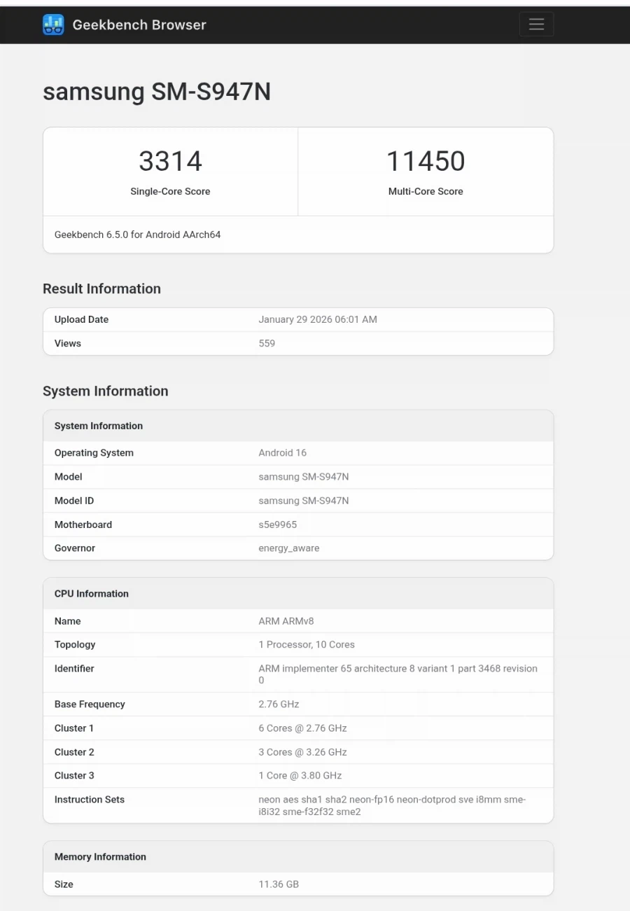 [루머] 갤럭시 S26 플러스 국내판(엑시) 긱벤치_1.webp