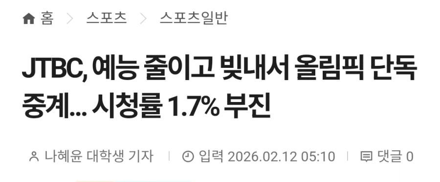 JTBC 올림픽 시청률 부진으로 갑자기 명예로운 죽음이 된 예능_2.webp