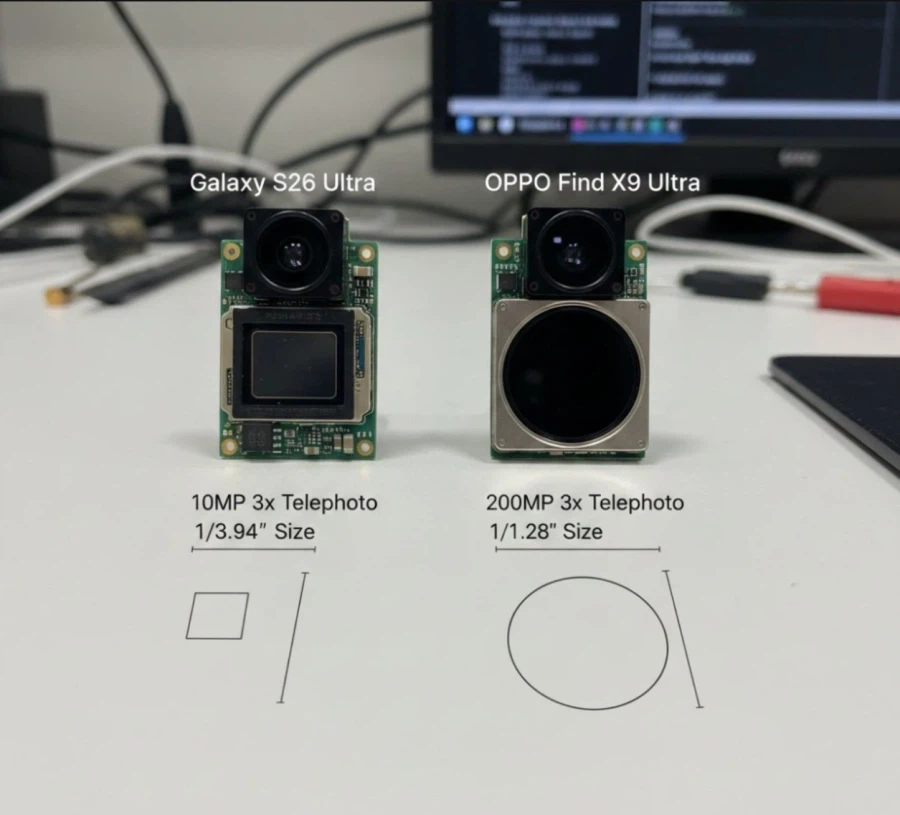 갤럭시S26 울트라 Vs. Oppo Find 울트라 3배줌 망원 센서 크기 비교_1.webp