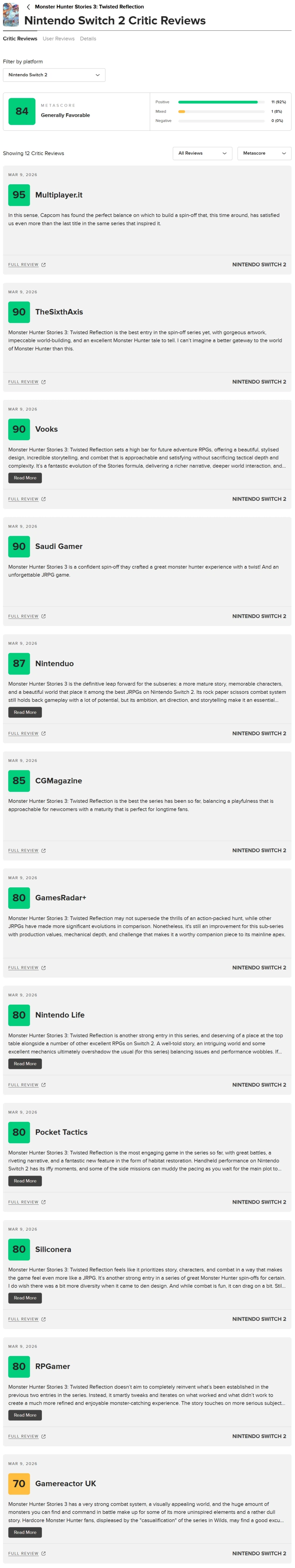 NS2 몬스터 헌터 스토리즈 3 메타크리틱 & 오픈크리틱 등재_1.webp