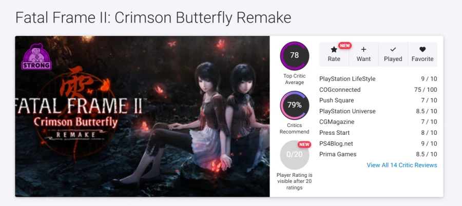 제로 ~붉은 나비~ 리메이크 메타크리틱 & 오픈크리틱 등재_1.webp