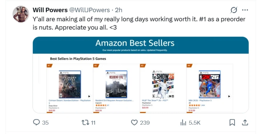 붉은사막 출시전 플스5 게임 미국 아마존 판매순위 1위 달성- 윌 파워 SNS_1.webp